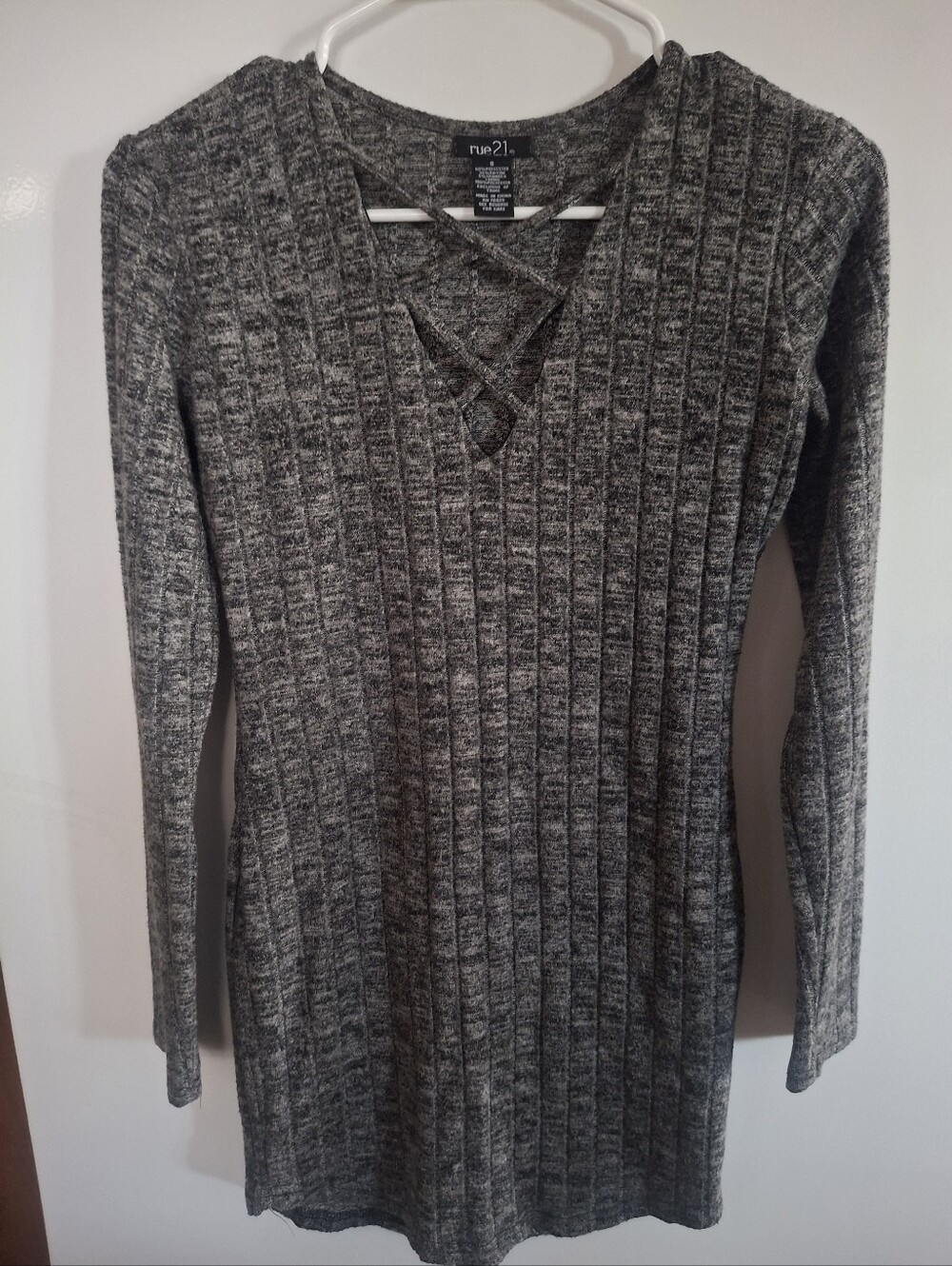 Rue21 Charcoal Gray Ribbed Long Sleeve Dress with Crisscross V-Neck